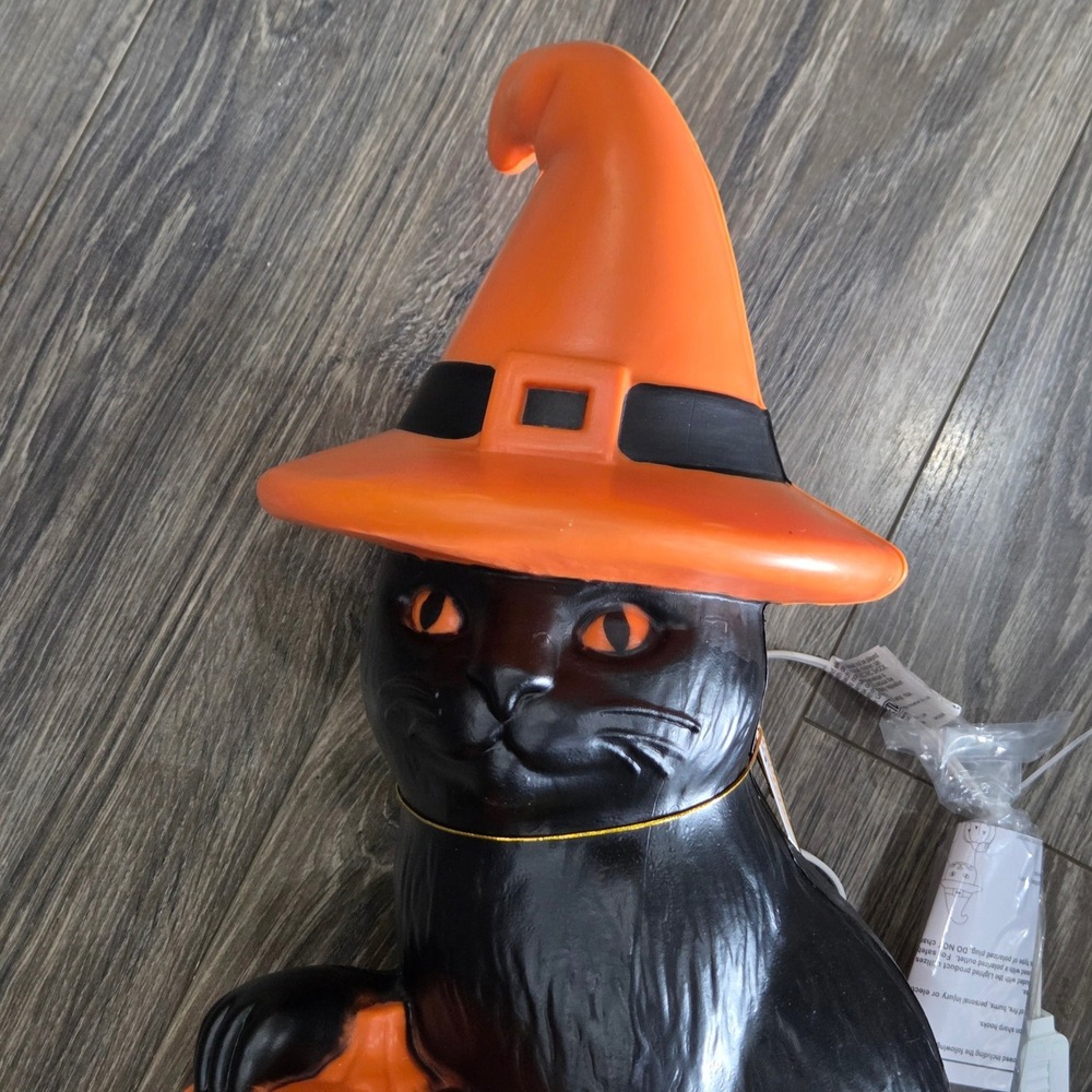 Black Cat Witch Hat Pumpkin Blow Mold 19in Plastic Orange Black Halloween Decor - Picture 3 of 7
